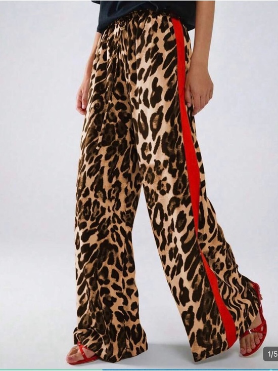 Pants - Leopard Print Wide-Leg Pants with Red Side Stripe